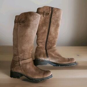 UGG Brown Suede Riding Boots  Women's 6.5 Sheepskin Lined Zipper F8010G SN 1917